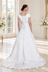 ivory square neck cap sleeve satin a-line wedding dress with beaded waist back view
