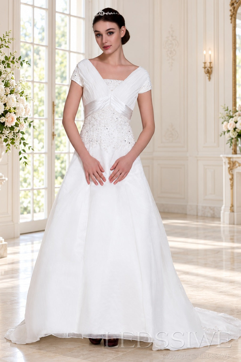 ivory square neck cap sleeve satin a-line wedding dress with beaded waist side view