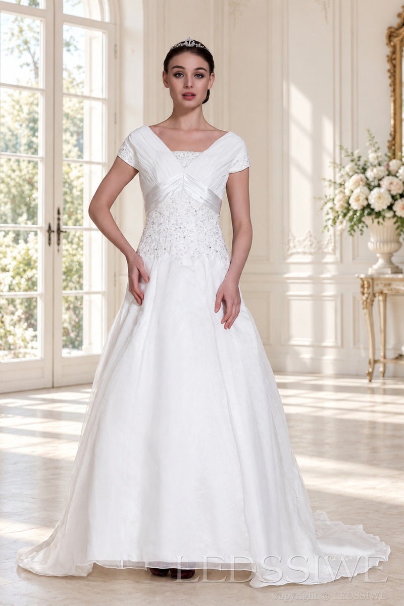 ivory square neck cap sleeve satin a-line wedding dress with beaded waist front view