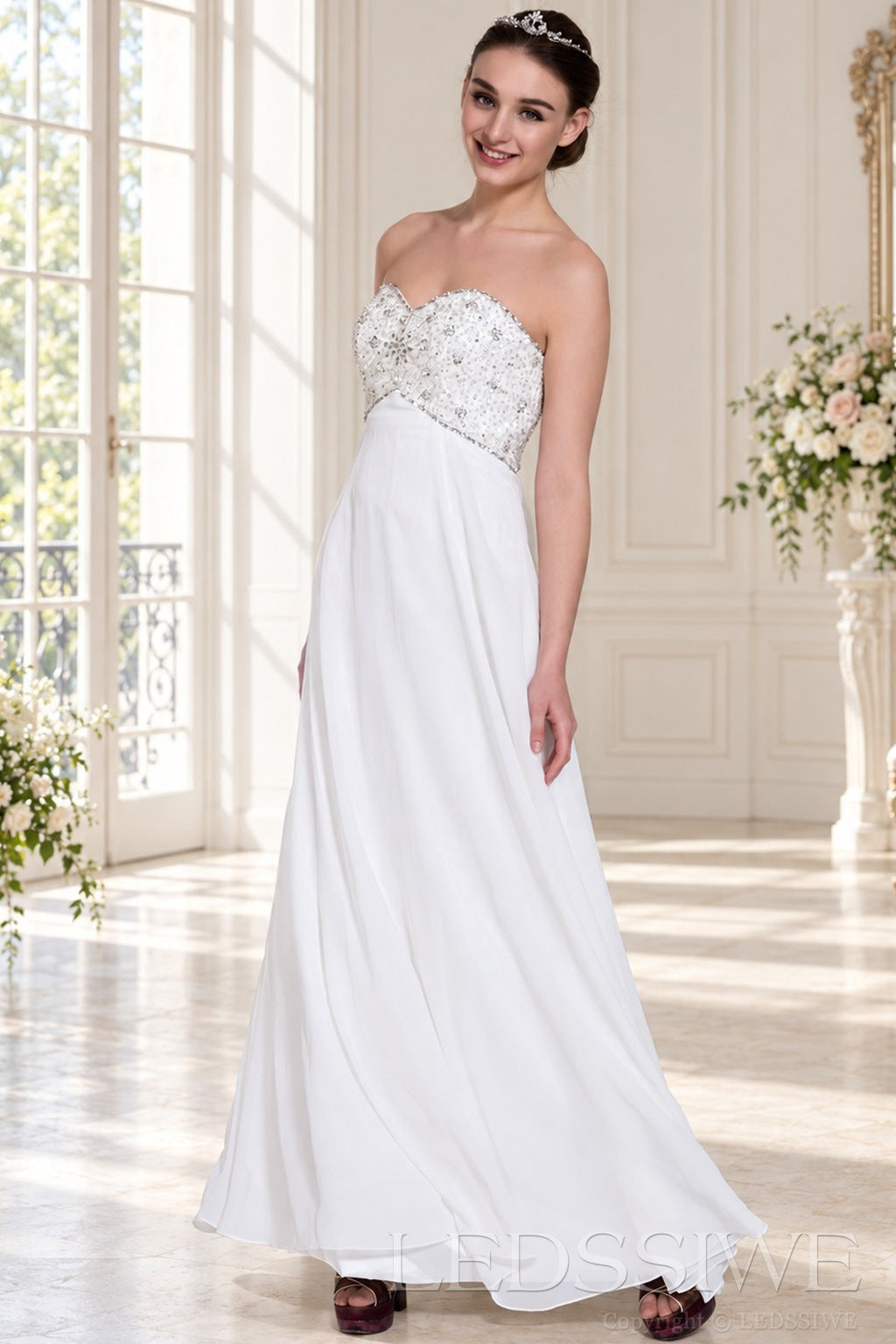 ivory strapless beaded chiffon a-line wedding dress with corset back side view