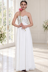 ivory strapless beaded chiffon a-line wedding dress with corset back front view