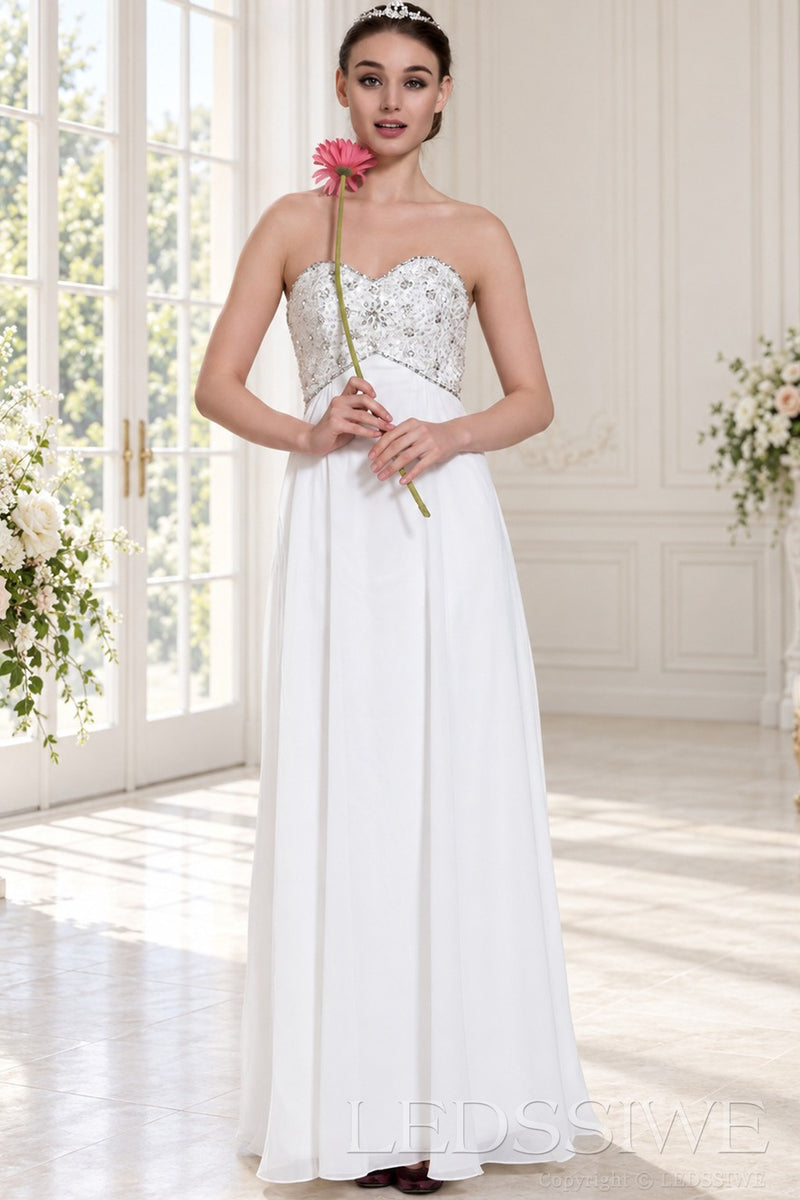 ivory strapless beaded chiffon a-line wedding dress with corset back front view