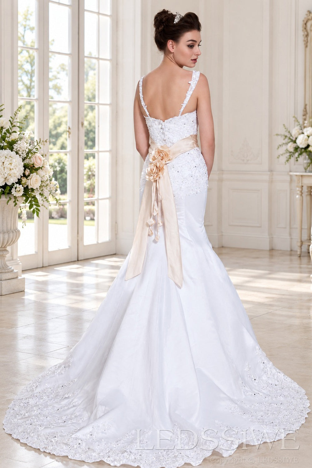 white lace strap beaded mermaid wedding dress with satin skirt and floral sash back view