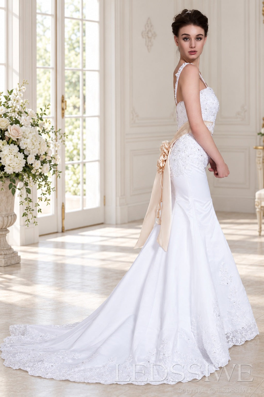 white lace strap beaded mermaid wedding dress with satin skirt and floral sash side view