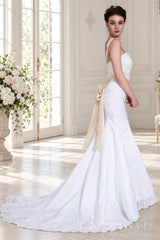 white lace strap beaded mermaid wedding dress with satin skirt and floral sash side view