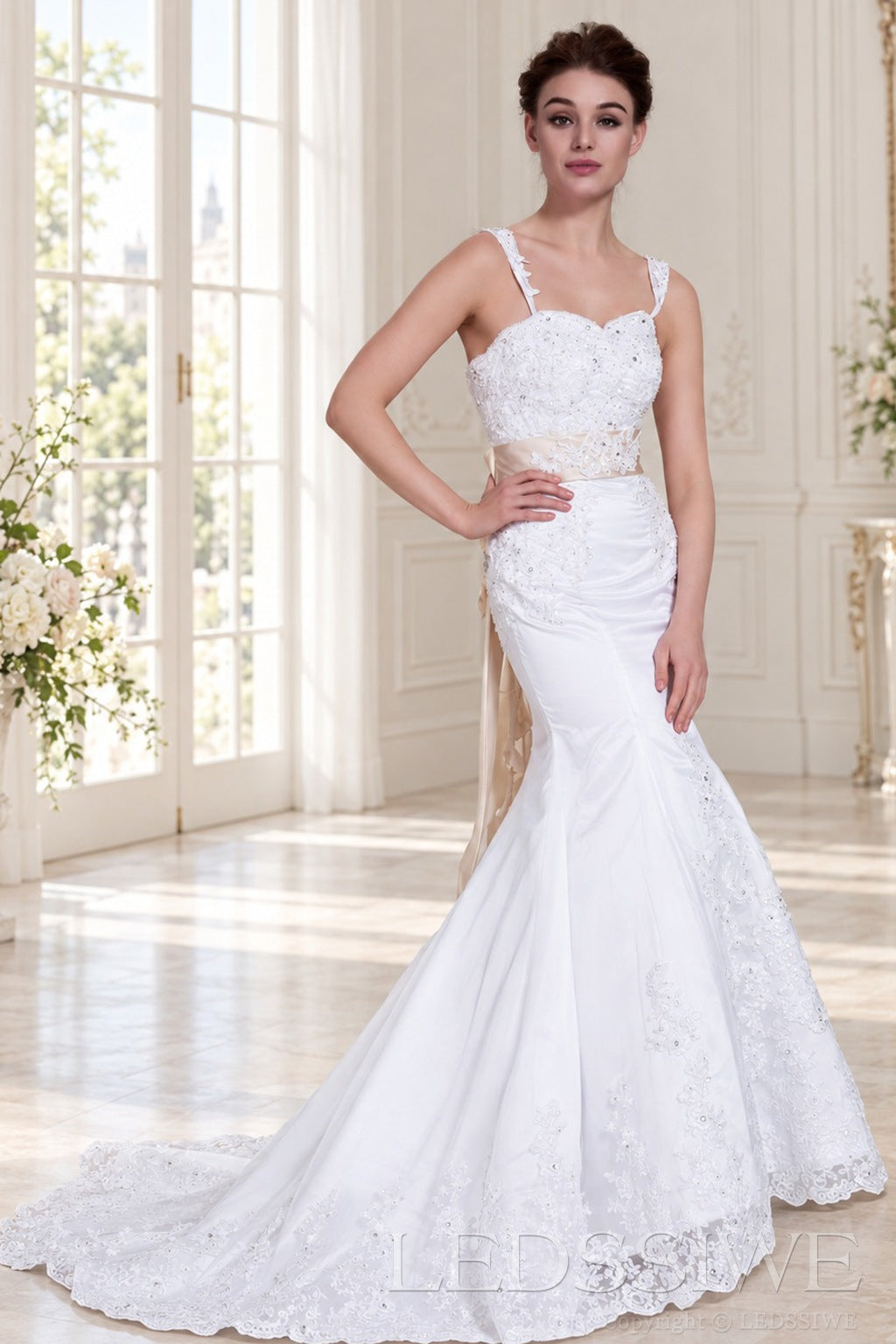 white lace strap beaded mermaid wedding dress with satin skirt and floral sash front view