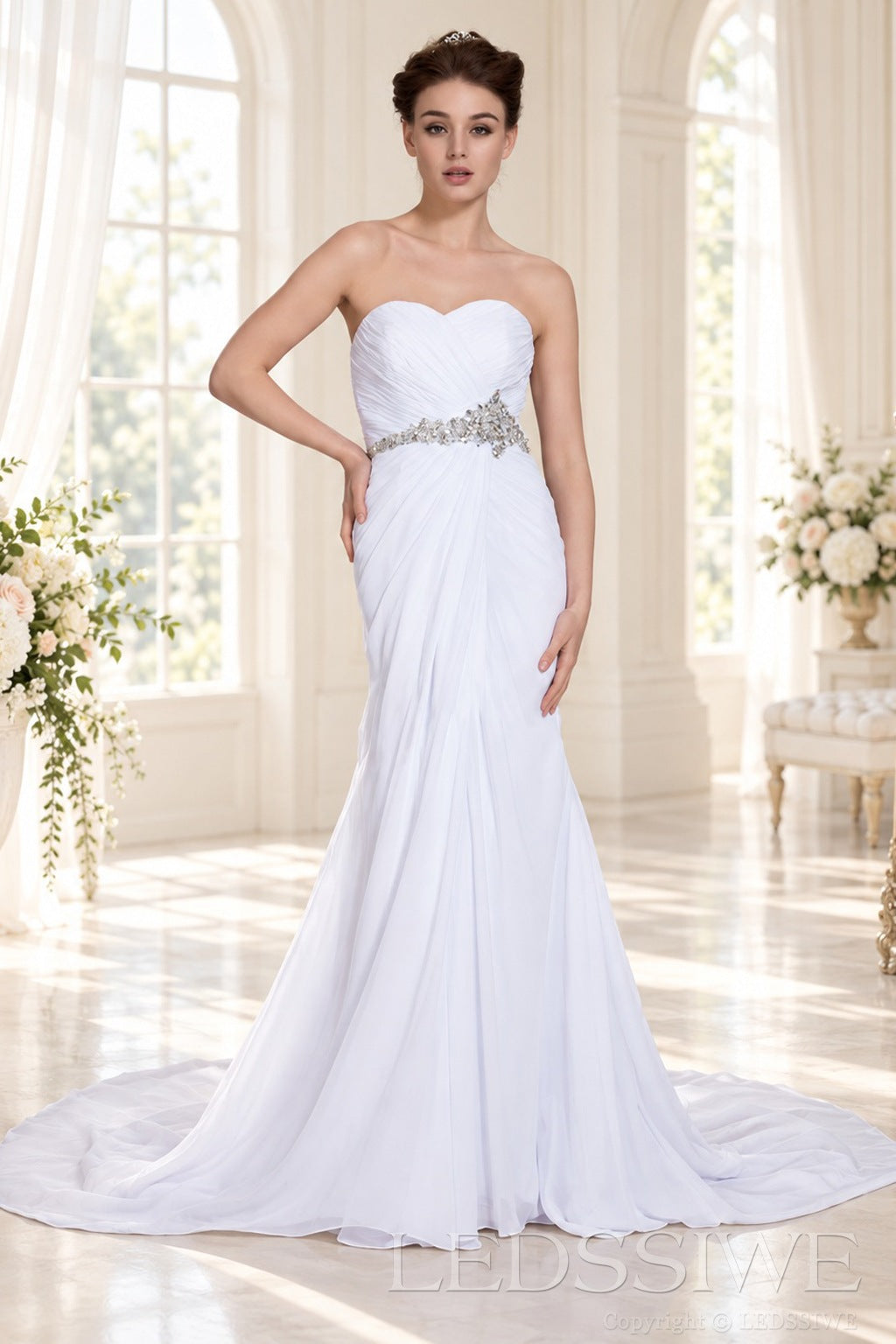 white strapless ruched chiffon mermaid wedding dress with crystal waist belt side view