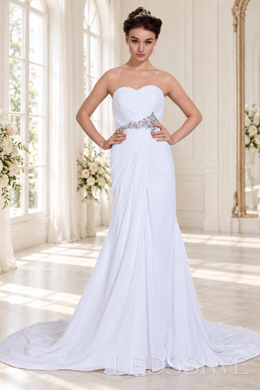 white strapless ruched chiffon mermaid wedding dress with crystal waist belt front view