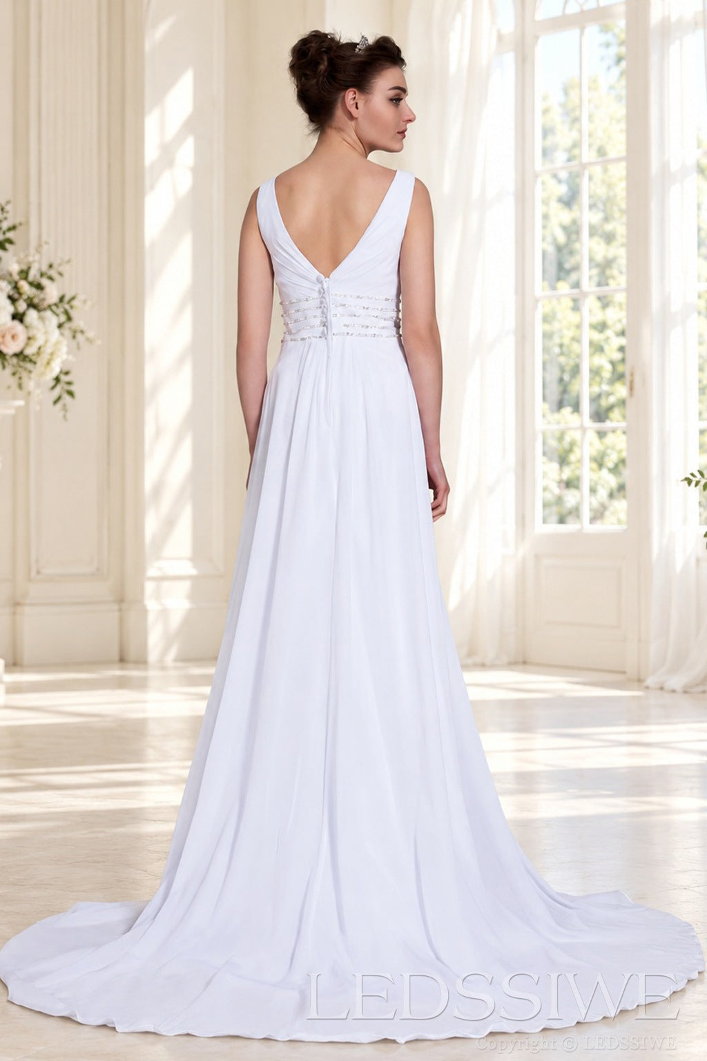 white v-neck sleeveless chiffon a-line wedding dress with beaded waist back view