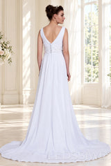 white v-neck sleeveless chiffon a-line wedding dress with beaded waist back view