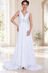 white v-neck sleeveless chiffon a-line wedding dress with beaded waist side view