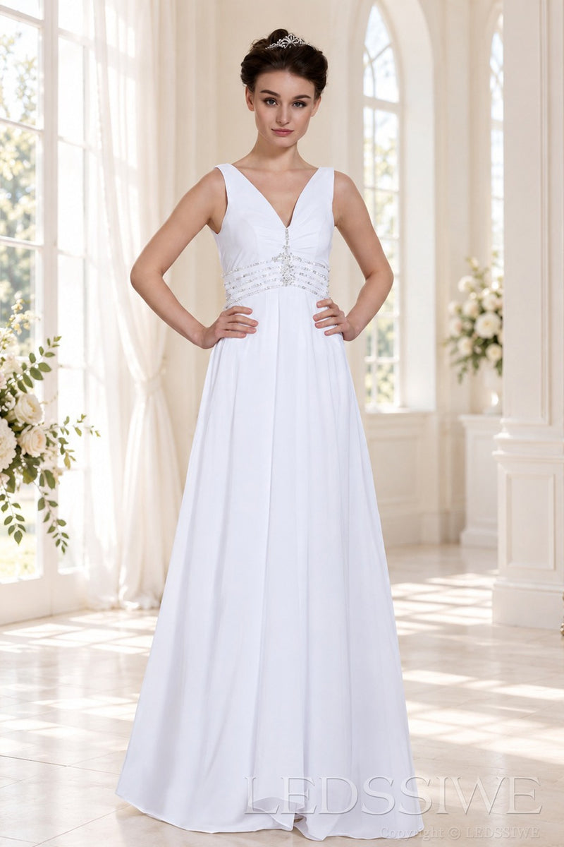white v-neck sleeveless chiffon a-line wedding dress with beaded waist front view
