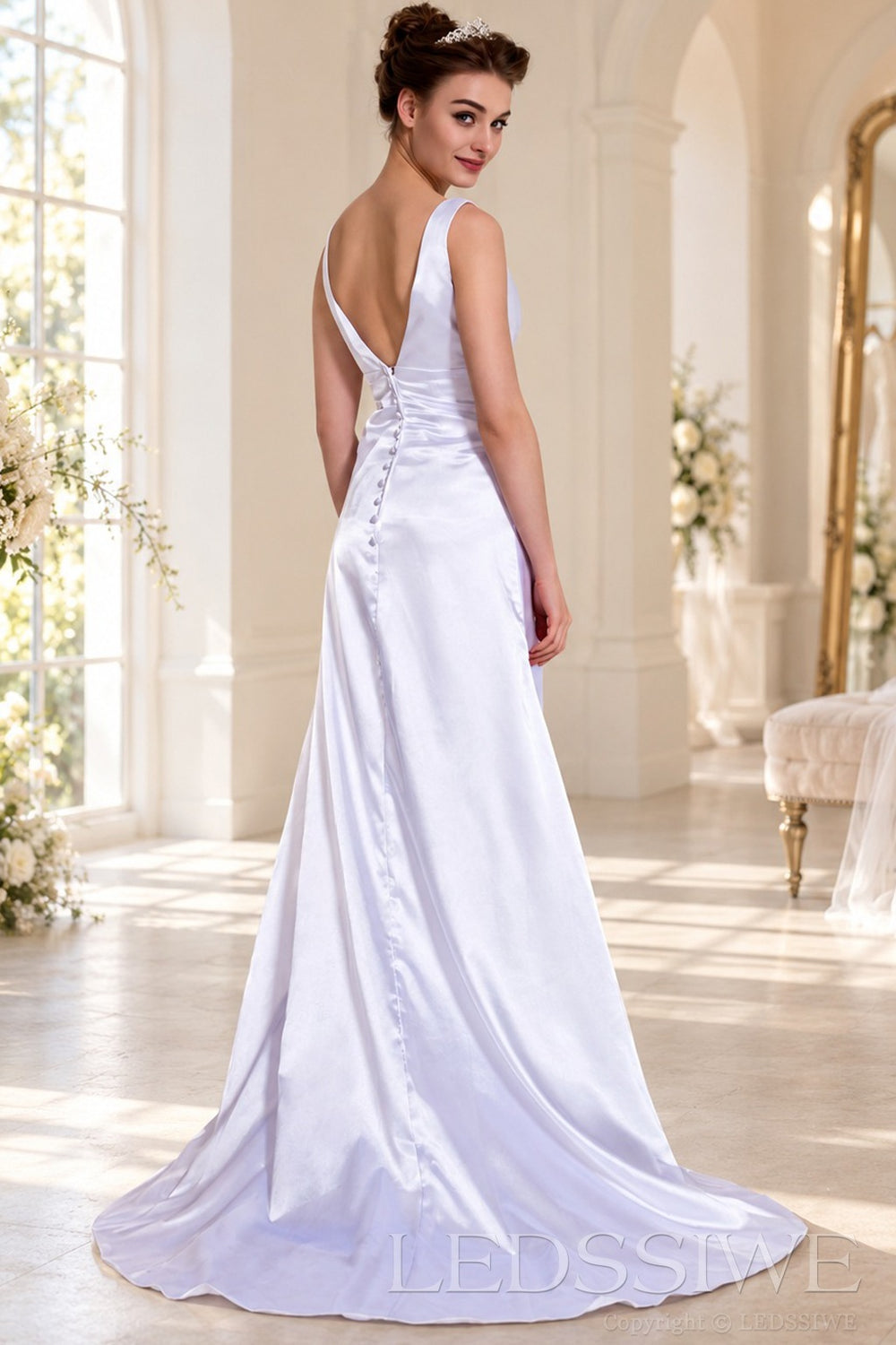 white v-neck sleeveless satin a-line wedding dress with beaded waist back view