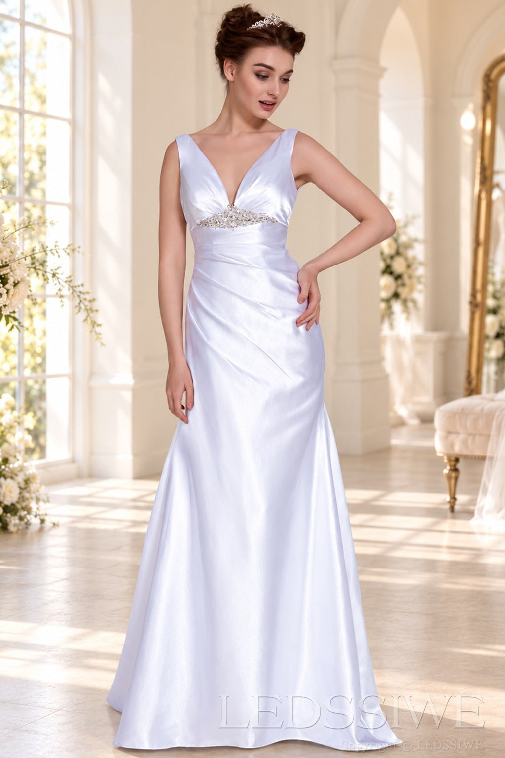 white v-neck sleeveless satin a-line wedding dress with beaded waist side view
