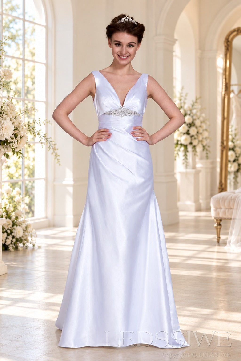 white v-neck sleeveless satin a-line wedding dress with beaded waist front view