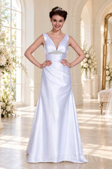 white v-neck sleeveless satin a-line wedding dress with beaded waist front view