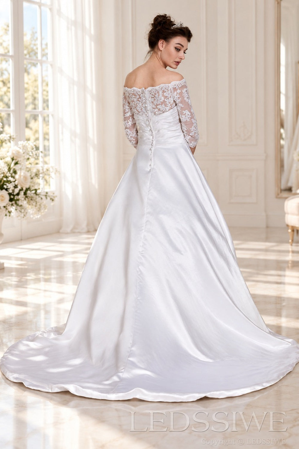 ivory off shoulder illusion lace 3/4 sleeve satin a-line wedding dress back view