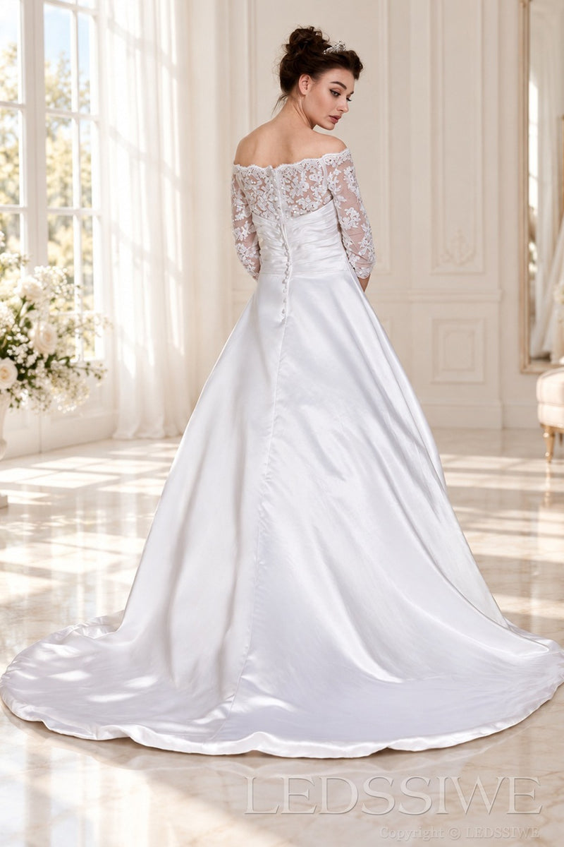 ivory off shoulder illusion lace 3/4 sleeve satin a-line wedding dress back view
