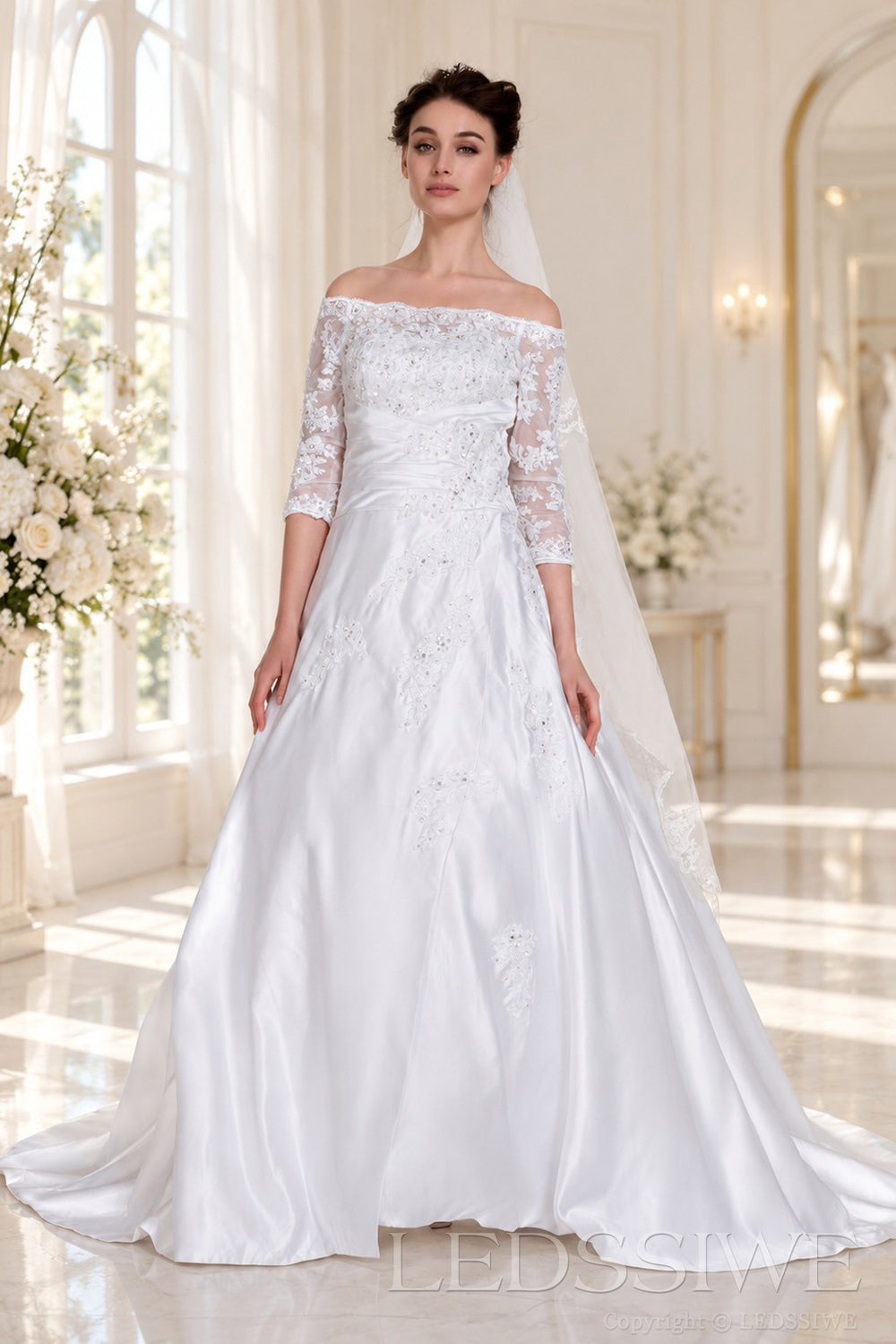 ivory off shoulder illusion lace 3/4 sleeve satin a-line wedding dress side view