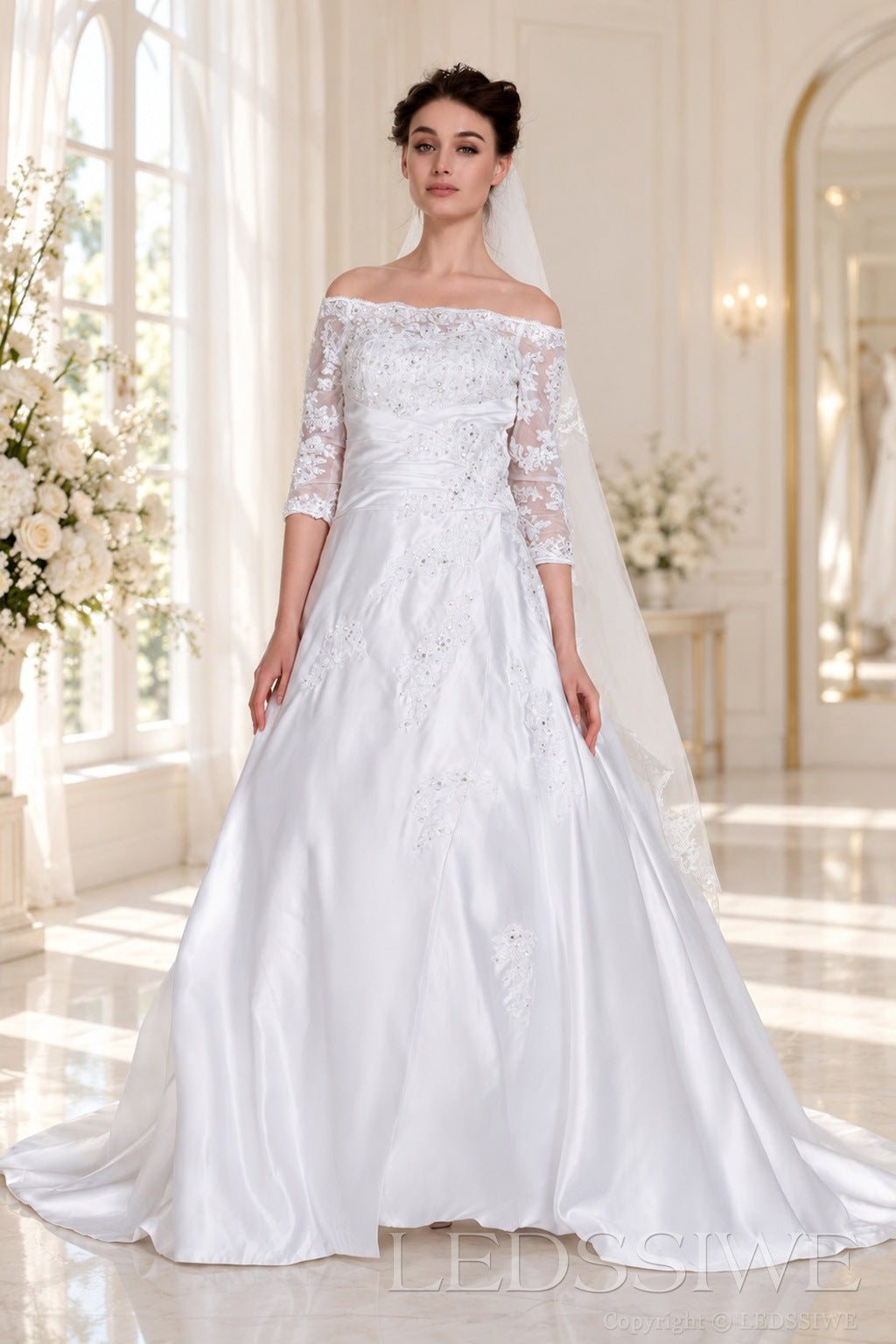 ivory off shoulder illusion lace 3/4 sleeve satin a-line wedding dress side view