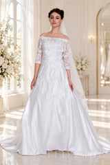 ivory off shoulder illusion lace 3/4 sleeve satin a-line wedding dress side view