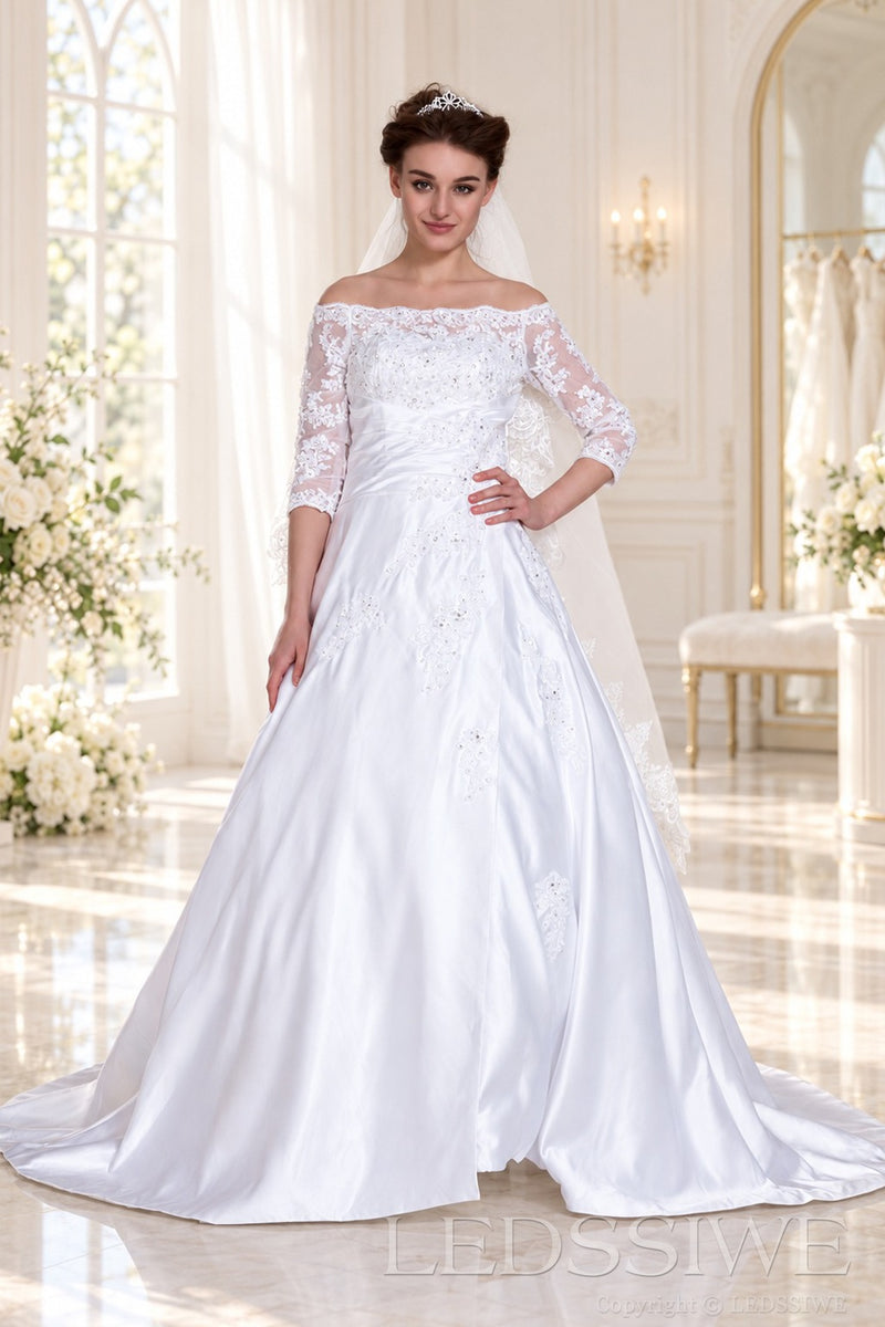 ivory off shoulder illusion lace 3/4 sleeve satin a-line wedding dress front view