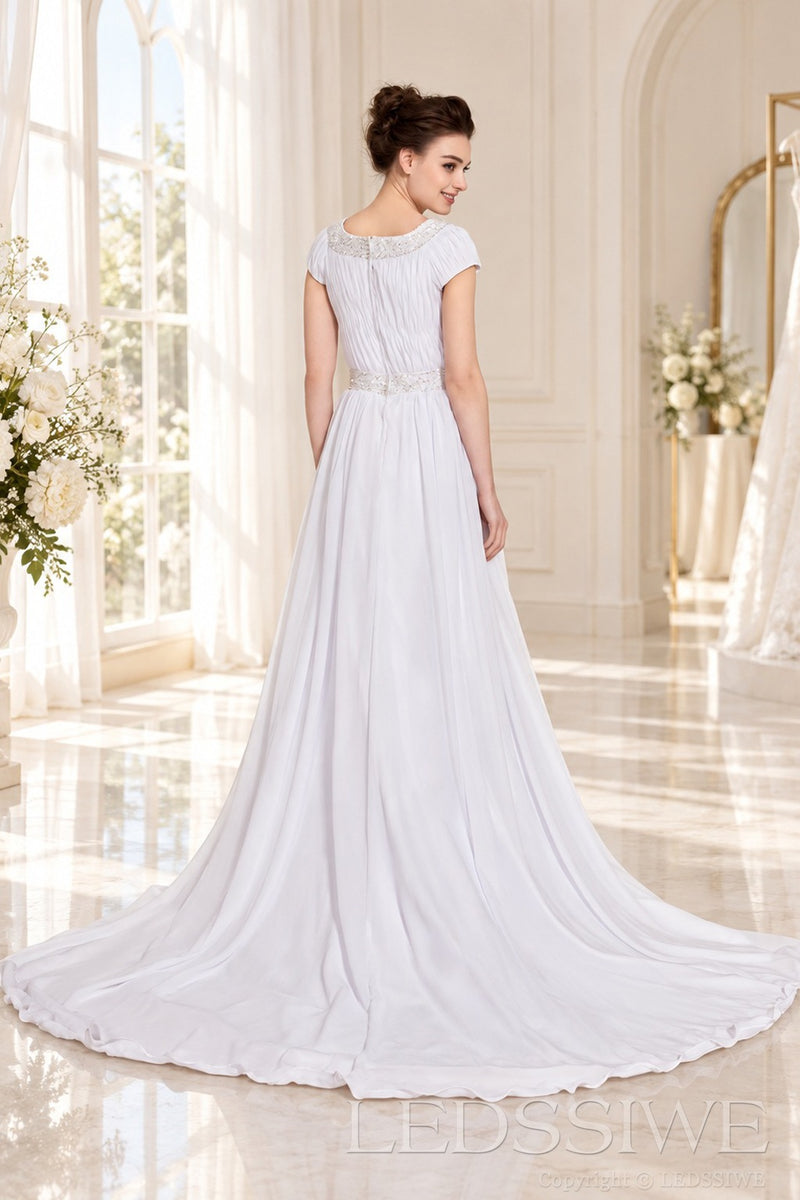 ivory illusion boat neck cap sleeve pleated chiffon a-line wedding dress back view