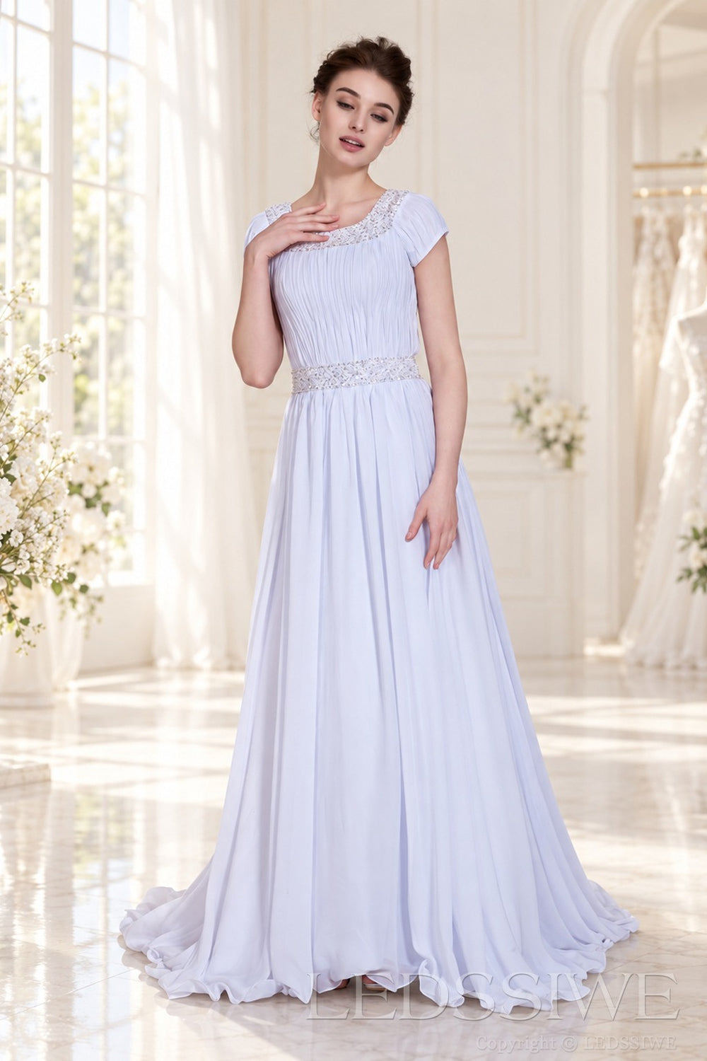 ivory illusion boat neck cap sleeve pleated chiffon a-line wedding dress side view