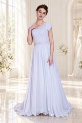 ivory illusion boat neck cap sleeve pleated chiffon a-line wedding dress side view