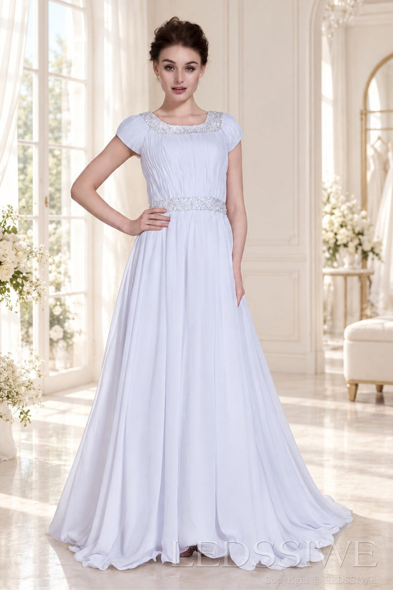 ivory illusion boat neck cap sleeve pleated chiffon a-line wedding dress front view