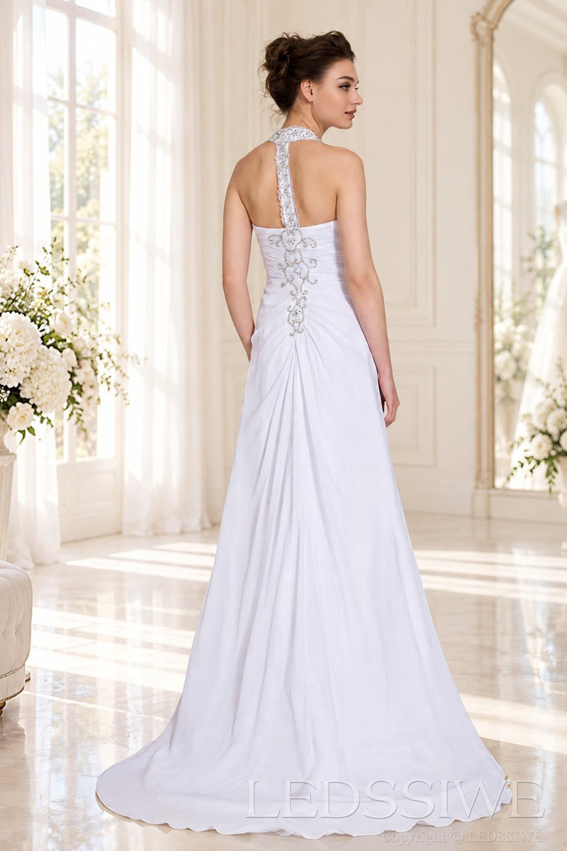 white halter beaded strap chiffon a-line wedding dress with open back back view