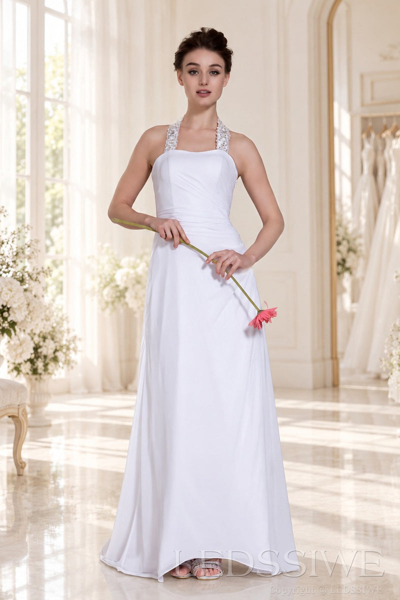 white halter beaded strap chiffon a-line wedding dress with open back front view