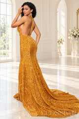 Gold sequin mermaid prom dress open tie back back view