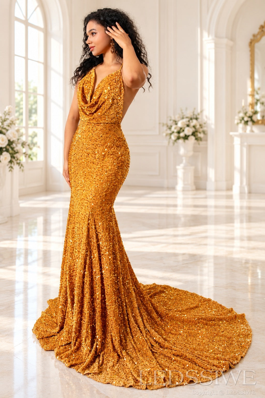Gold sequin mermaid prom dress sweep train detail