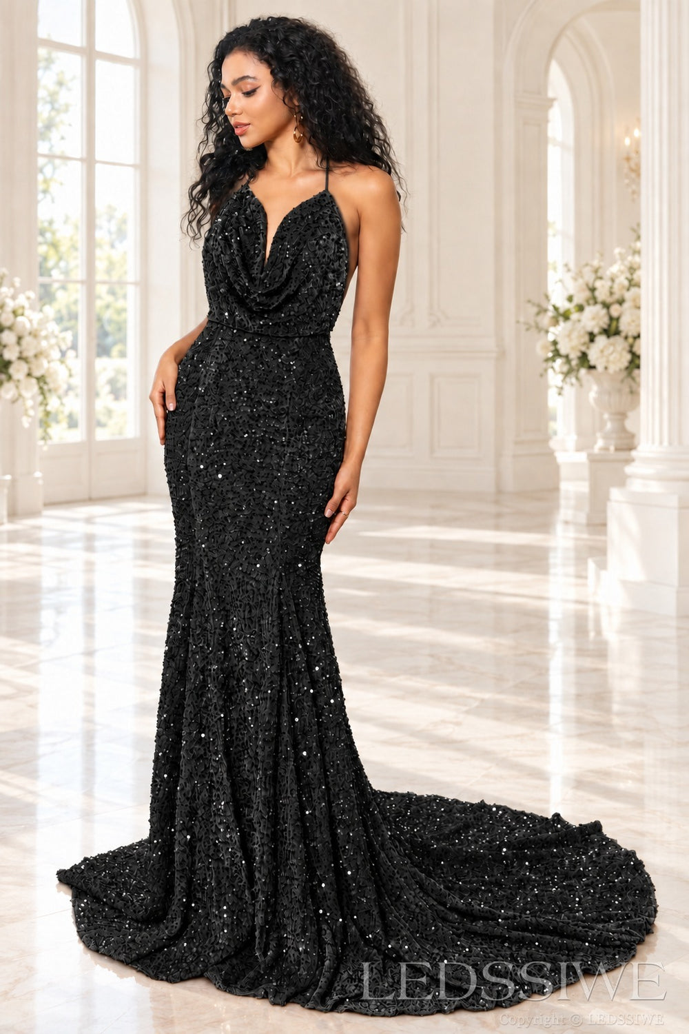Black sequin mermaid prom dress halter cowl neck front
