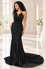Black sequin mermaid prom dress halter cowl neck front