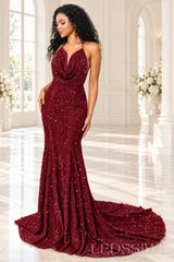 Burgundy sequin mermaid prom dress halter cowl neck front