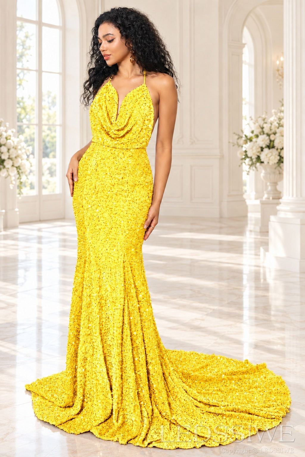 Daffodil sequin mermaid prom dress halter cowl neck front