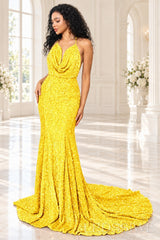 Daffodil sequin mermaid prom dress halter cowl neck front