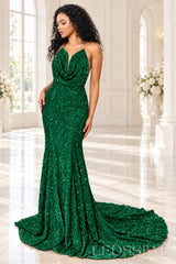 Emerald sequin mermaid prom dress halter cowl neck front