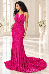 Fuchsia sequin mermaid prom dress halter cowl neck front