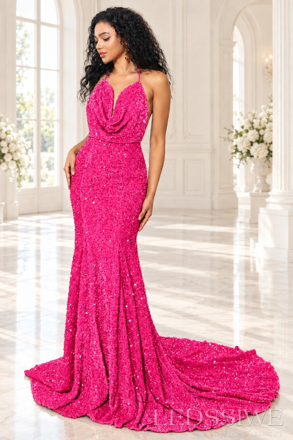 Hot Pink sequin mermaid prom dress halter cowl neck front