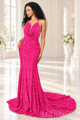Hot Pink sequin mermaid prom dress halter cowl neck front