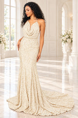 Ivory sequin mermaid prom dress halter cowl neck front