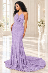 Lavender sequin mermaid prom dress halter cowl neck front