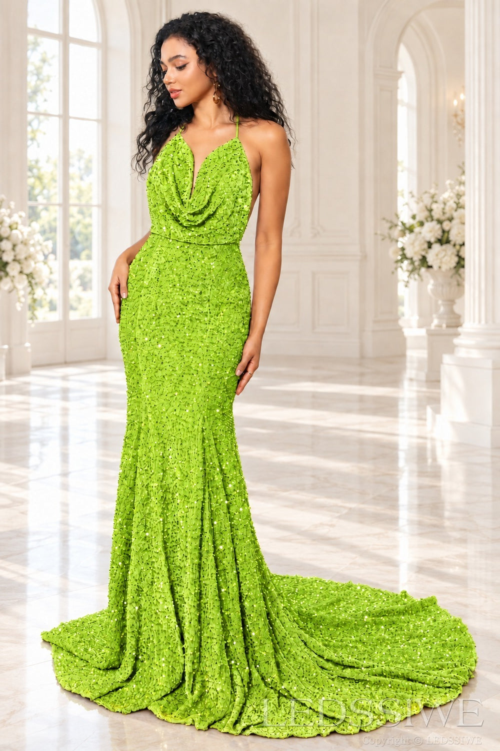 Lime Green sequin mermaid prom dress halter cowl neck front