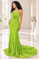 Lime Green sequin mermaid prom dress halter cowl neck front