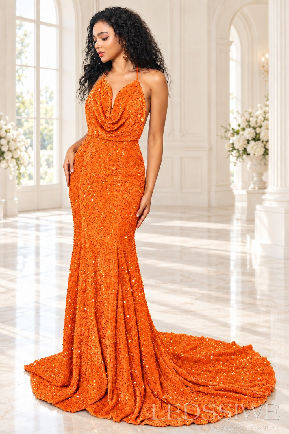 Orange sequin mermaid prom dress halter cowl neck front