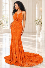 Orange sequin mermaid prom dress halter cowl neck front