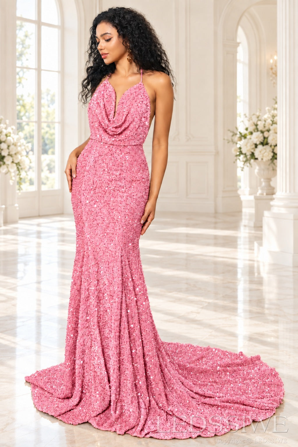 Pink sequin mermaid prom dress halter cowl neck front